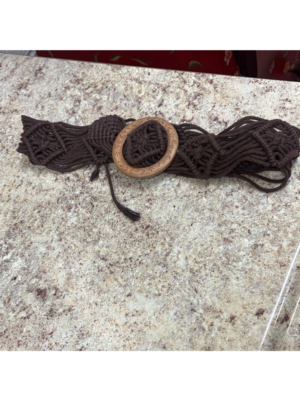Vintage handmade macrame rope with wooden engraved buckle belt